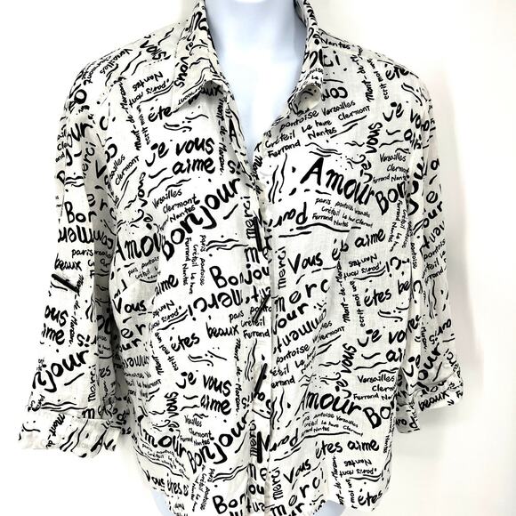 Laura Ashley White Linen Black French Graffiti Toggle Button up Blouse Size 2X - Picture 1 of 8